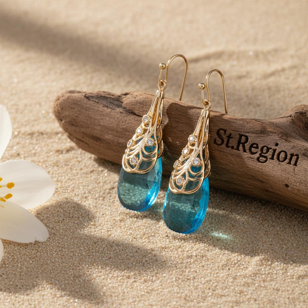 Cubic Zirconia and Lake Blue Crystal Drop Earrings, drop earrings for women, vintage-inspired design, front view