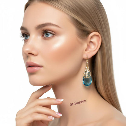 Cubic Zirconia and Lake Blue Crystal Drop Earrings, drop earrings for women, vintage-inspired design, styled look