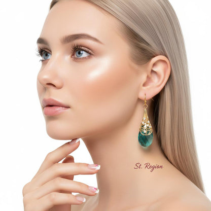 Green Crystal and Cubic Zirconia Drop Earrings, drop earrings for women, everyday style, styled look