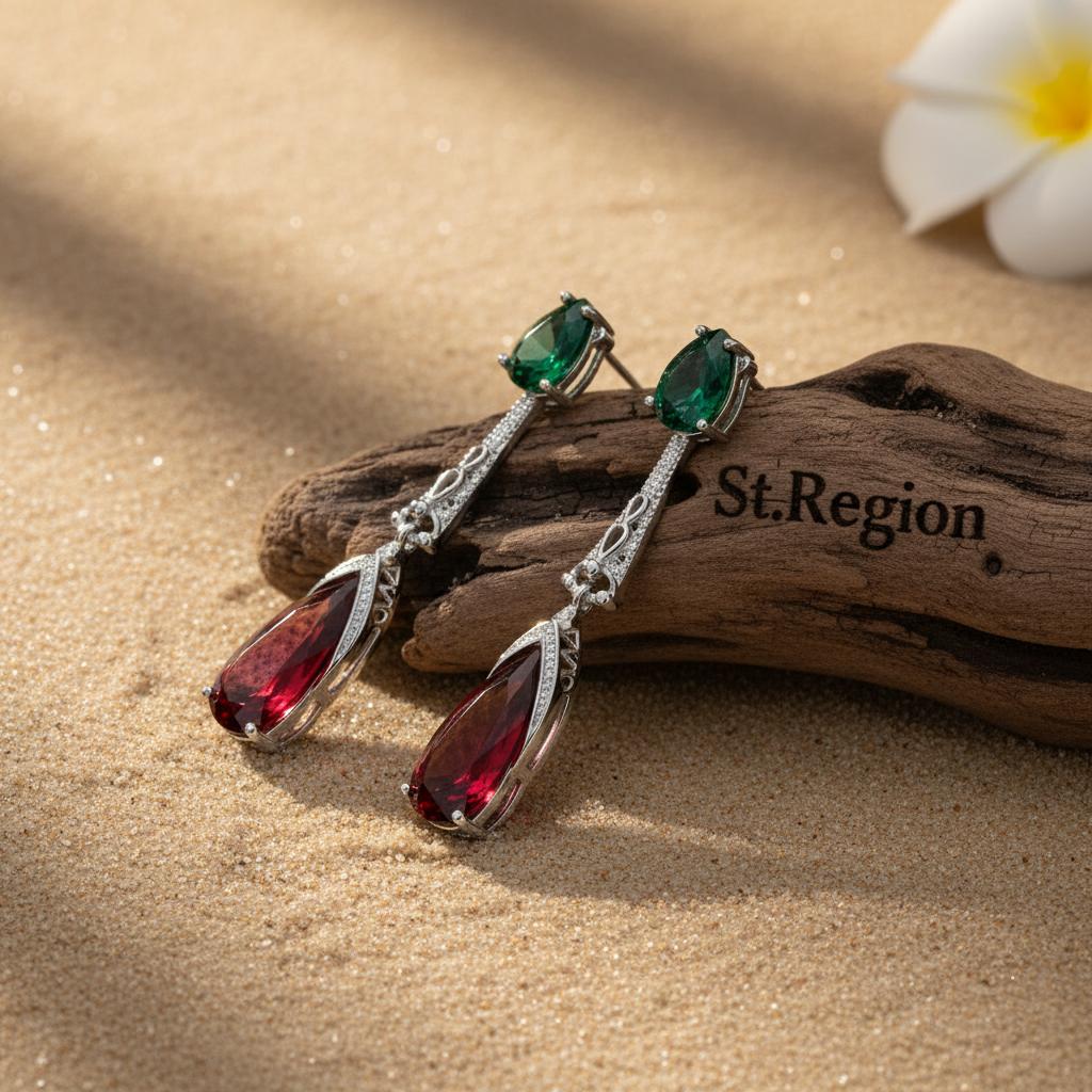 Green and Rose Crystal Drop Earrings, drop earrings for women, botanical inspired, front view