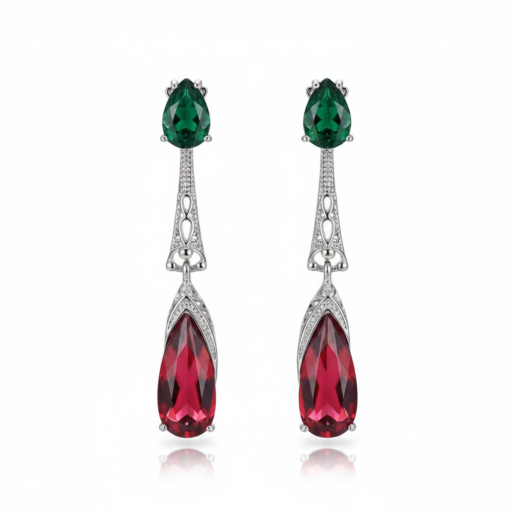 Green and Rose Crystal Drop Earrings, drop earrings for women, botanical inspired, side view