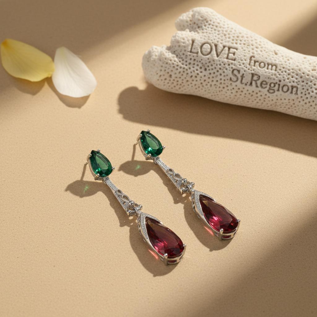 Green and Rose Crystal Drop Earrings, drop earrings for women, botanical inspired, lifestyle look