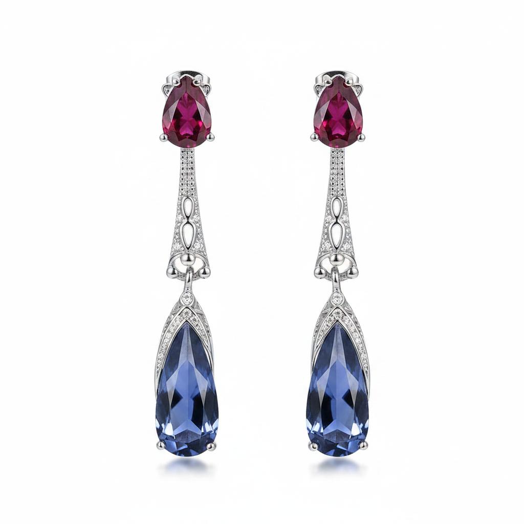 Red and Dark Blue Crystal Drop Earrings, drop earrings for women, elegant gift for her, side view