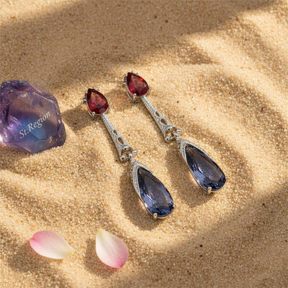 Red and Dark Blue Crystal Drop Earrings, drop earrings for women, elegant gift for her, detail close-up