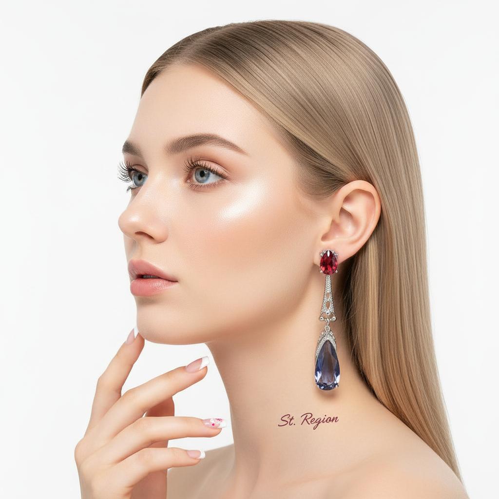 Red and Dark Blue Crystal Drop Earrings, drop earrings for women, elegant gift for her, styled look