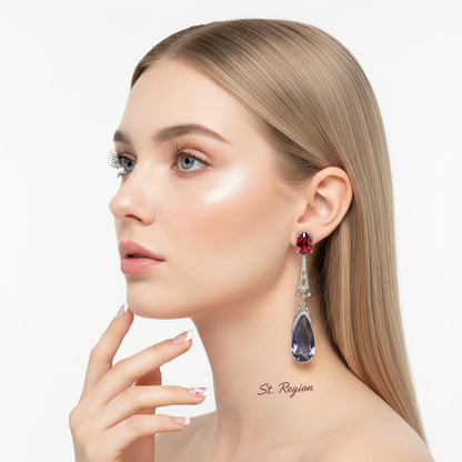 Red and Dark Blue Crystal Drop Earrings, drop earrings for women, elegant gift for her, styled look
