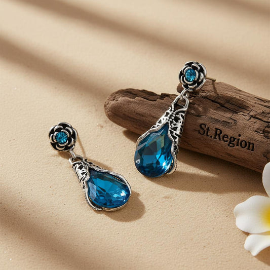 Blue Crystal & Cubic Zirconia Silver-Plated Rose Drop Earrings