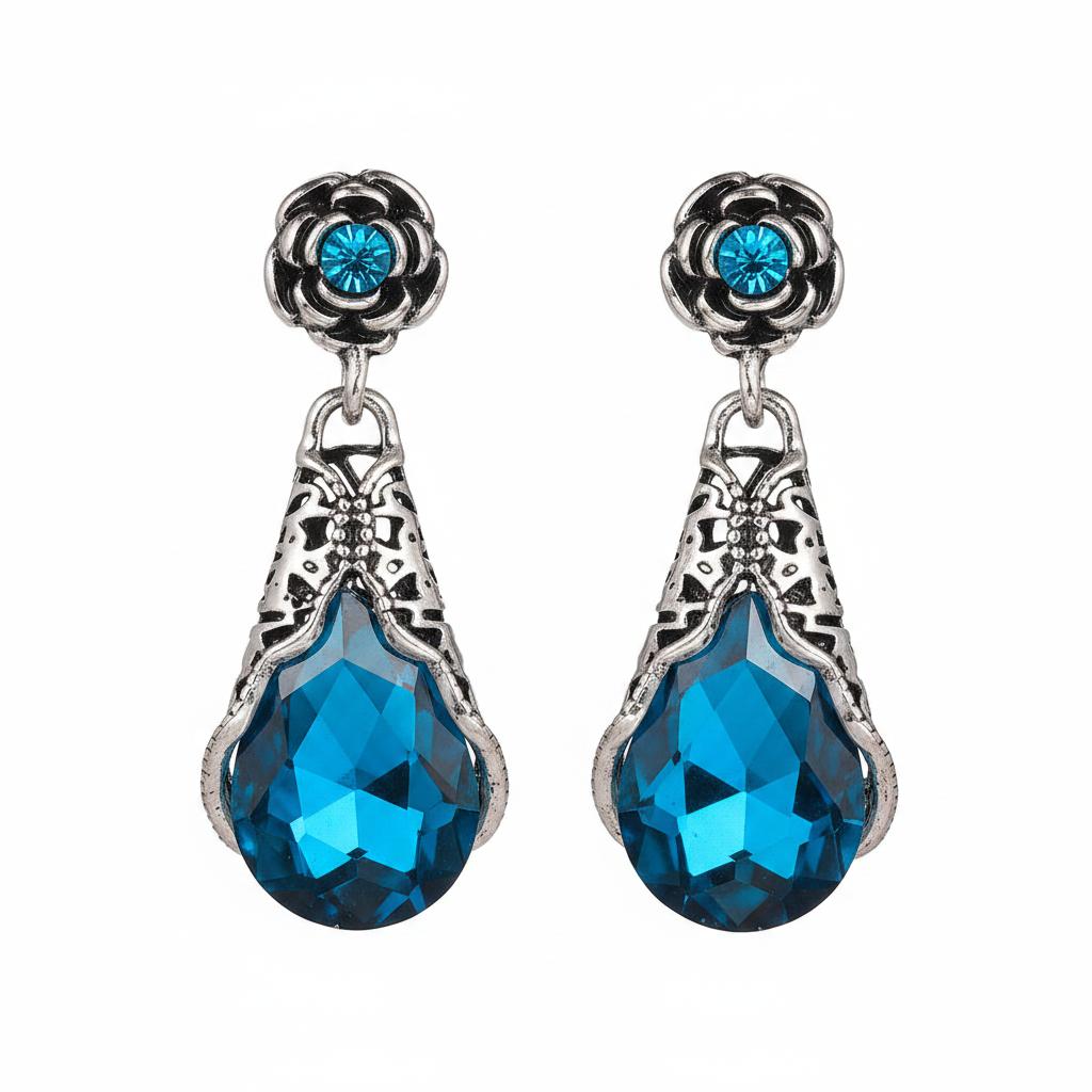 Blue Crystal and Cubic Zirconia Silver-Plated Rose Drop Earrings, silver drop earrings for women, side view