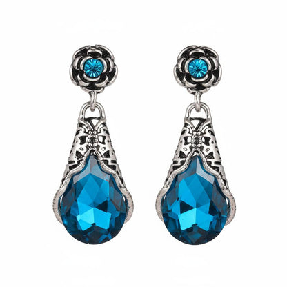 Blue Crystal and Cubic Zirconia Silver-Plated Rose Drop Earrings, silver drop earrings for women, side view