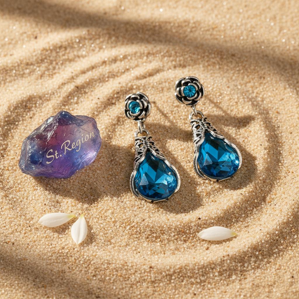 Blue Crystal and Cubic Zirconia Silver-Plated Rose Drop Earrings, silver drop earrings for women, detail close-up