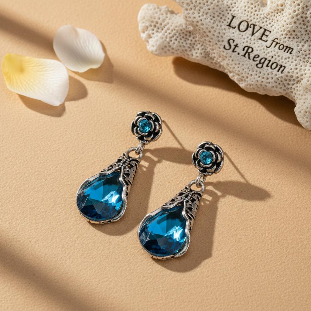Blue Crystal and Cubic Zirconia Silver-Plated Rose Drop Earrings, silver drop earrings for women, lifestyle look
