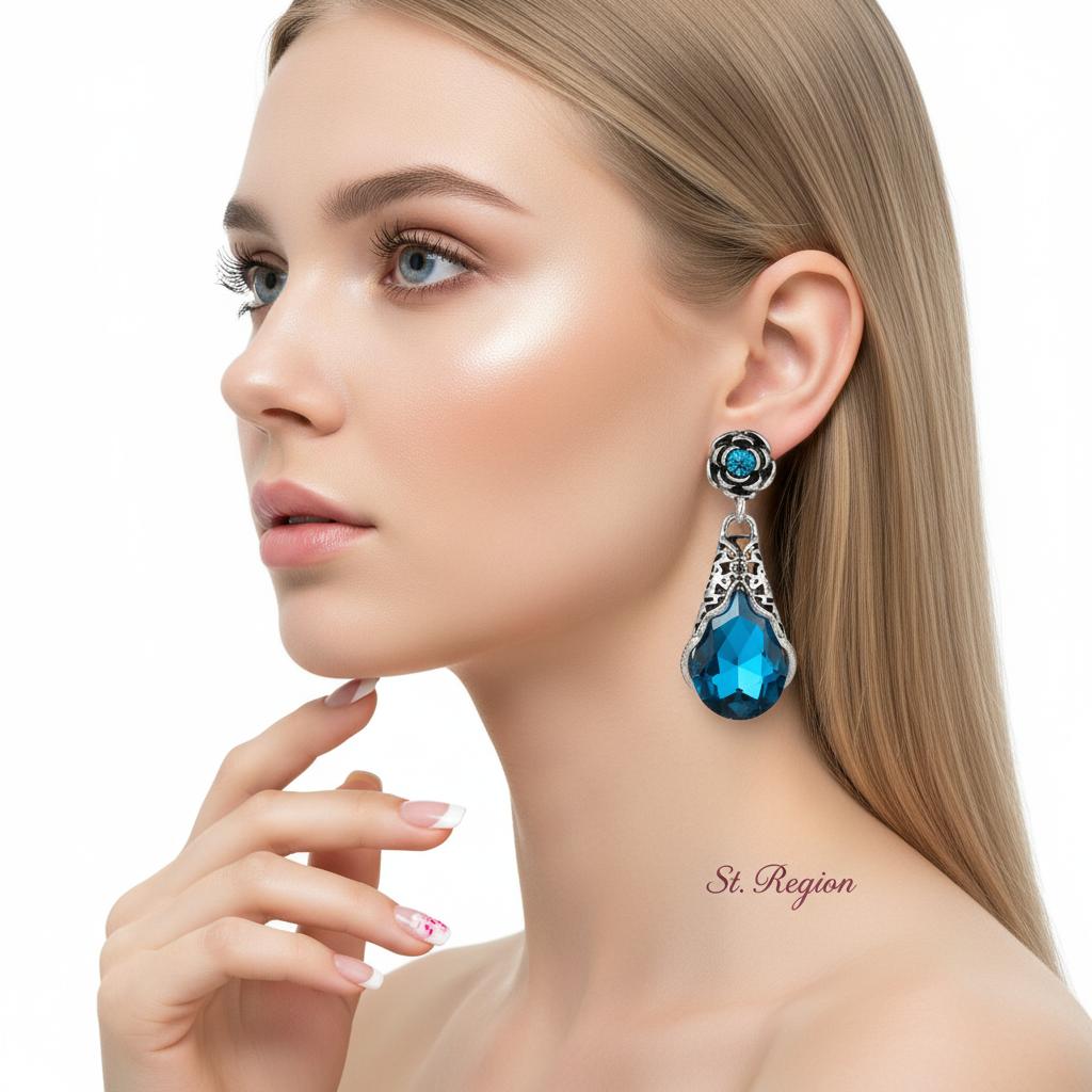 Blue Crystal and Cubic Zirconia Silver-Plated Rose Drop Earrings, silver drop earrings for women, styled look
