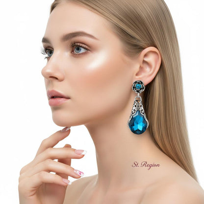 Blue Crystal and Cubic Zirconia Silver-Plated Rose Drop Earrings, silver drop earrings for women, styled look