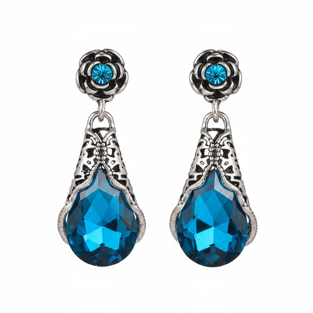 Blue Crystal & Cubic Zirconia Silver-Plated Rose Drop Earrings - Street Region