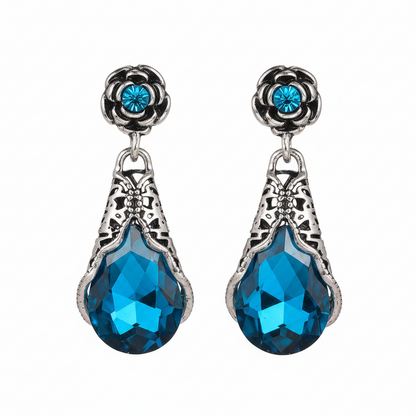 Blue Crystal & Cubic Zirconia Silver-Plated Rose Drop Earrings - Street Region