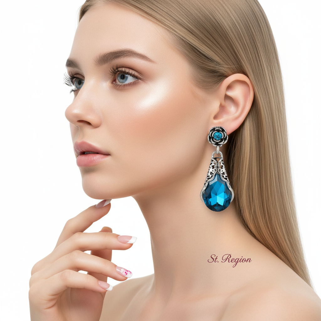 Blue Crystal & Cubic Zirconia Silver-Plated Rose Drop Earrings - Street Region