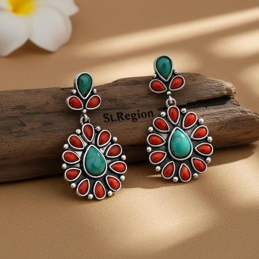 Red Resin and Turquoise Silver-Plated Oval Drop Earrings, silver drop earrings for women, elegant gift for her, front view