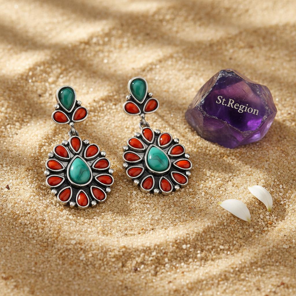 Red Resin and Turquoise Silver-Plated Oval Drop Earrings, silver drop earrings for women, detail close-up