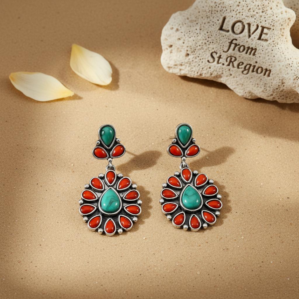 Red Resin and Turquoise Silver-Plated Oval Drop Earrings, silver drop earrings for women, lifestyle look