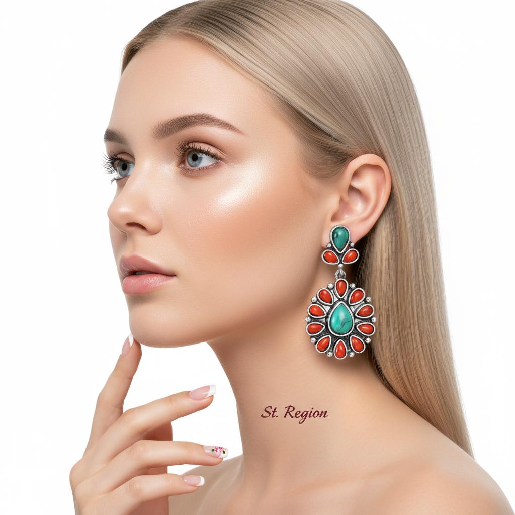 Red Resin and Turquoise Silver-Plated Oval Drop Earrings, silver drop earrings for women, elegant gift for her, styled look