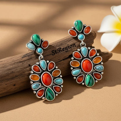 Orange Resin and Turquoise Silver-Plated Oval Drop Earrings, silver drop earrings for women, botanical inspired, front view