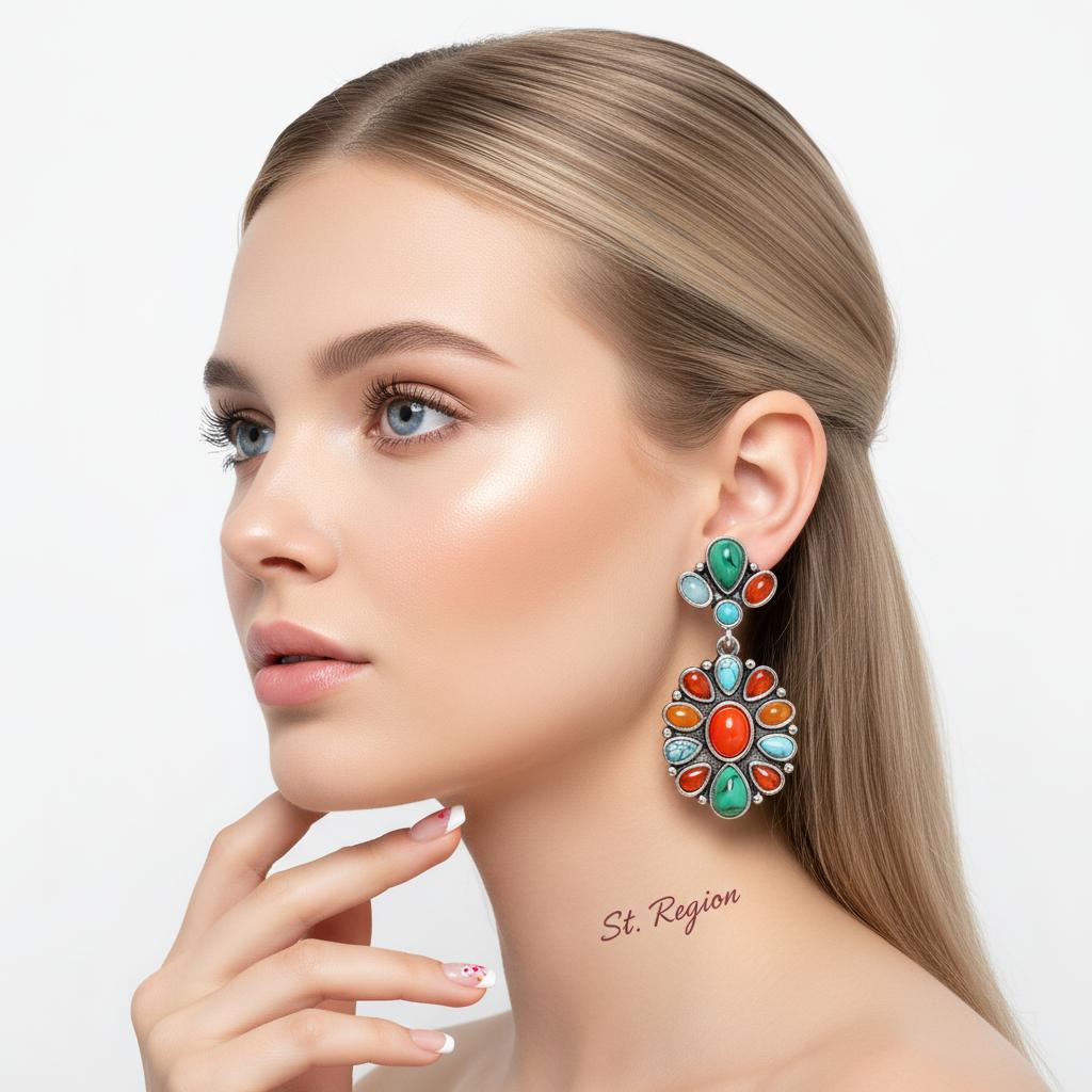 Orange Resin and Turquoise Silver-Plated Oval Drop Earrings, silver drop earrings for women, botanical inspired, styled look