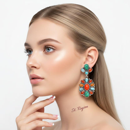 Orange Resin and Turquoise Silver-Plated Oval Drop Earrings, silver drop earrings for women, botanical inspired, styled look