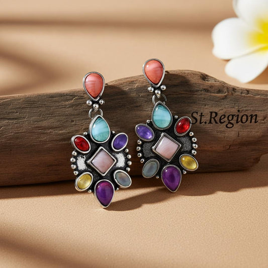 Multicolor Quartz & Silver-Plated Geometric Drop Earrings