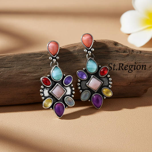 Multicolor Quartz & Silver-Plated Geometric Drop Earrings - Street Region