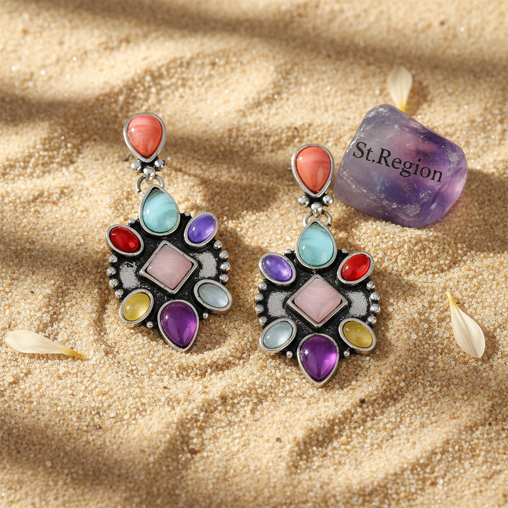 Multicolor Quartz & Silver-Plated Geometric Drop Earrings - Street Region