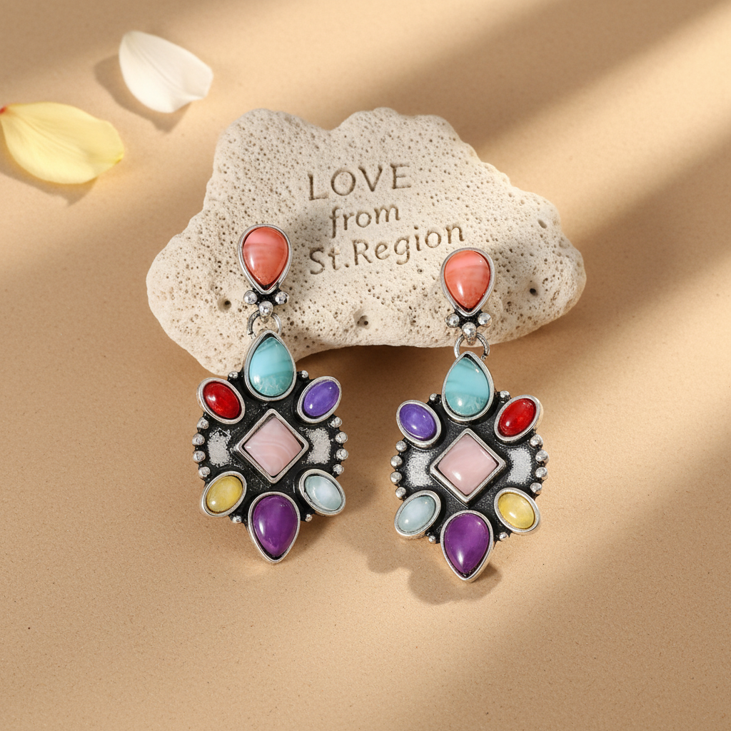 Multicolor Quartz & Silver-Plated Geometric Drop Earrings - Street Region
