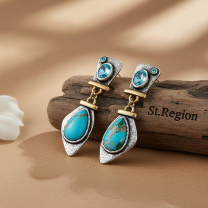 Sea Blue Crystal and Turquoise Two Tone Drop Earrings, drop earrings for women, dainty minimalist design, front view