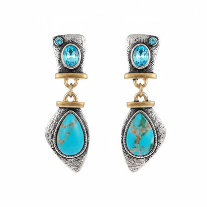 Sea Blue Crystal and Turquoise Two Tone Drop Earrings, drop earrings for women, dainty minimalist design, side view