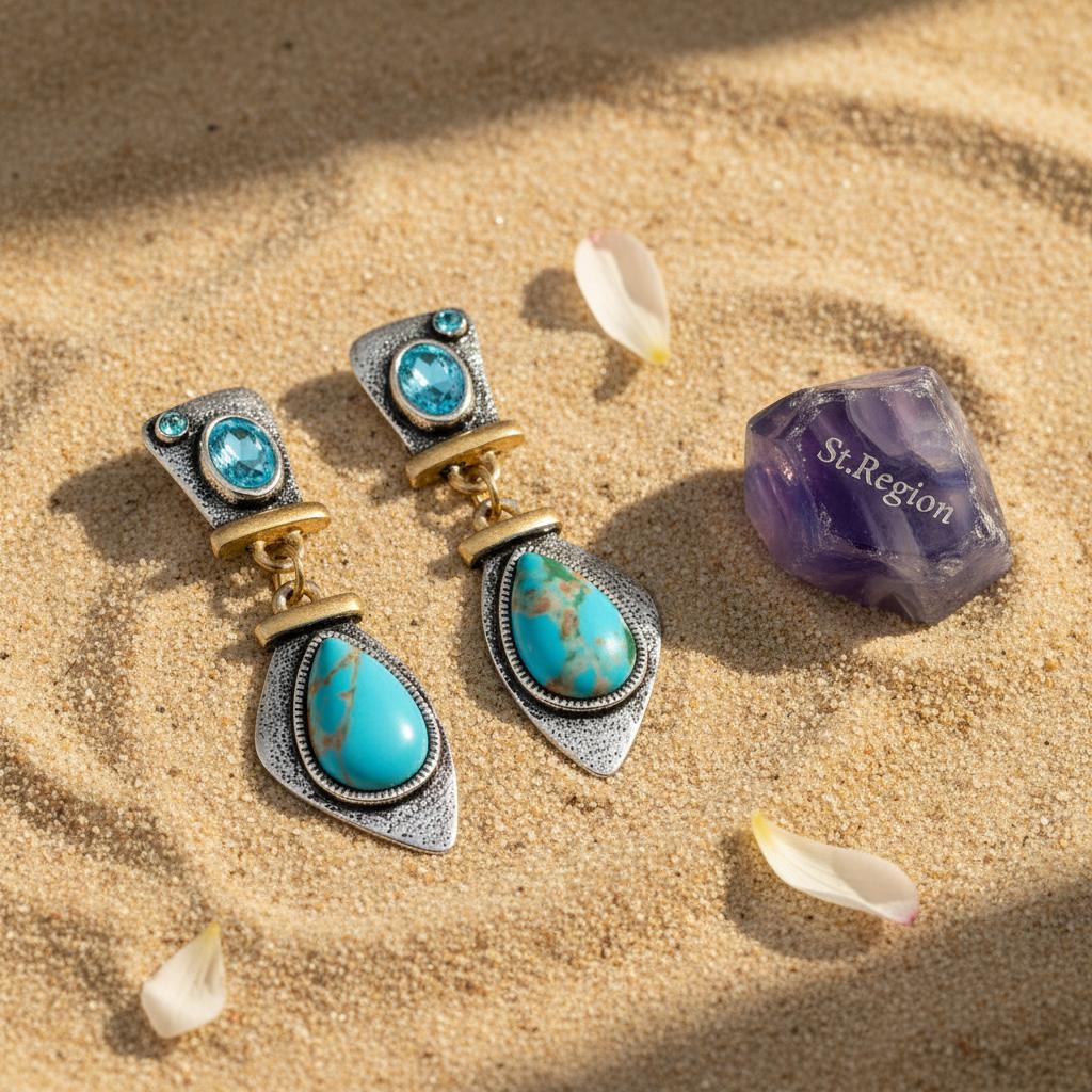 Sea Blue Crystal and Turquoise Two Tone Drop Earrings, drop earrings for women, detail close-up