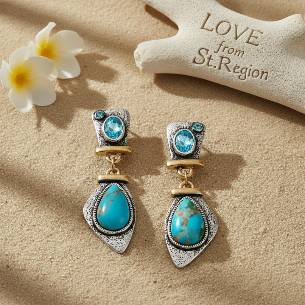 Sea Blue Crystal and Turquoise Two Tone Drop Earrings, drop earrings for women, lifestyle look