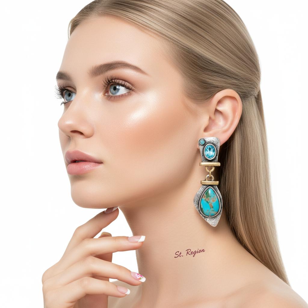 Sea Blue Crystal and Turquoise Two Tone Drop Earrings, drop earrings for women, dainty minimalist design, styled look