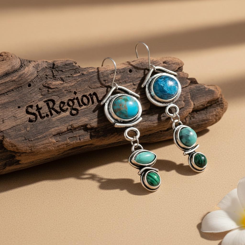 Turquoise and Crystal Silver-Plated Tiered Drop Earrings, silver drop earrings for women, botanical inspired, front view