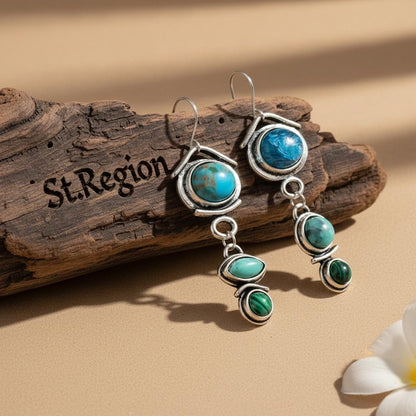 Turquoise and Crystal Silver-Plated Tiered Drop Earrings, silver drop earrings for women, botanical inspired, front view