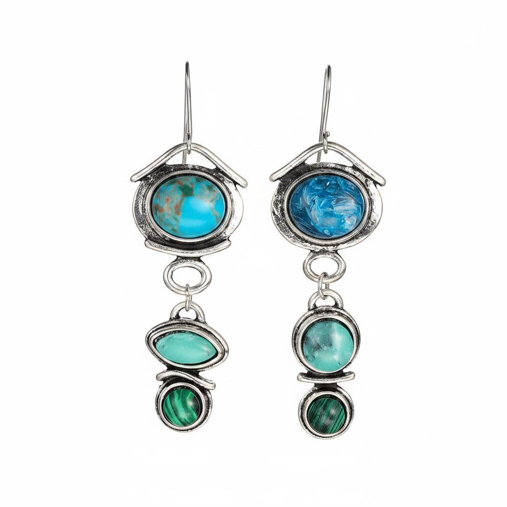 Turquoise and Crystal Silver-Plated Tiered Drop Earrings, silver drop earrings for women, botanical inspired, side view