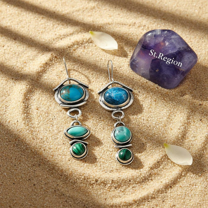 Turquoise and Crystal Silver-Plated Tiered Drop Earrings, silver drop earrings for women, botanical inspired, detail close-up