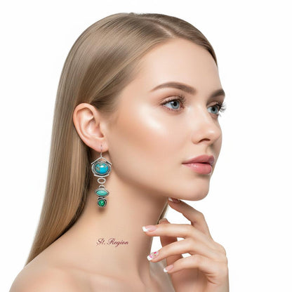 Turquoise and Crystal Silver-Plated Tiered Drop Earrings, silver drop earrings for women, botanical inspired, styled look