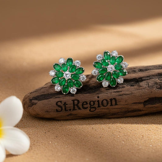 Green Crystal & Cubic Zirconia Floral Stud Earring