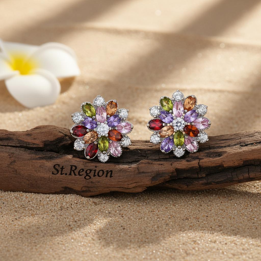 Green Crystal & Cubic Zirconia Floral Stud Earring
