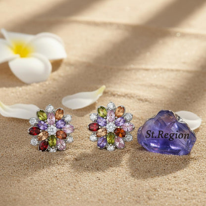 Green Crystal & Cubic Zirconia Floral Stud Earring