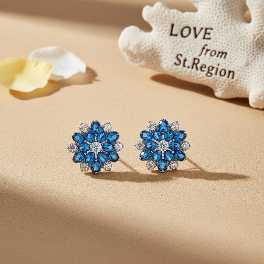 Navy Crystal & Cubic Zirconia Floral Stud Earrings