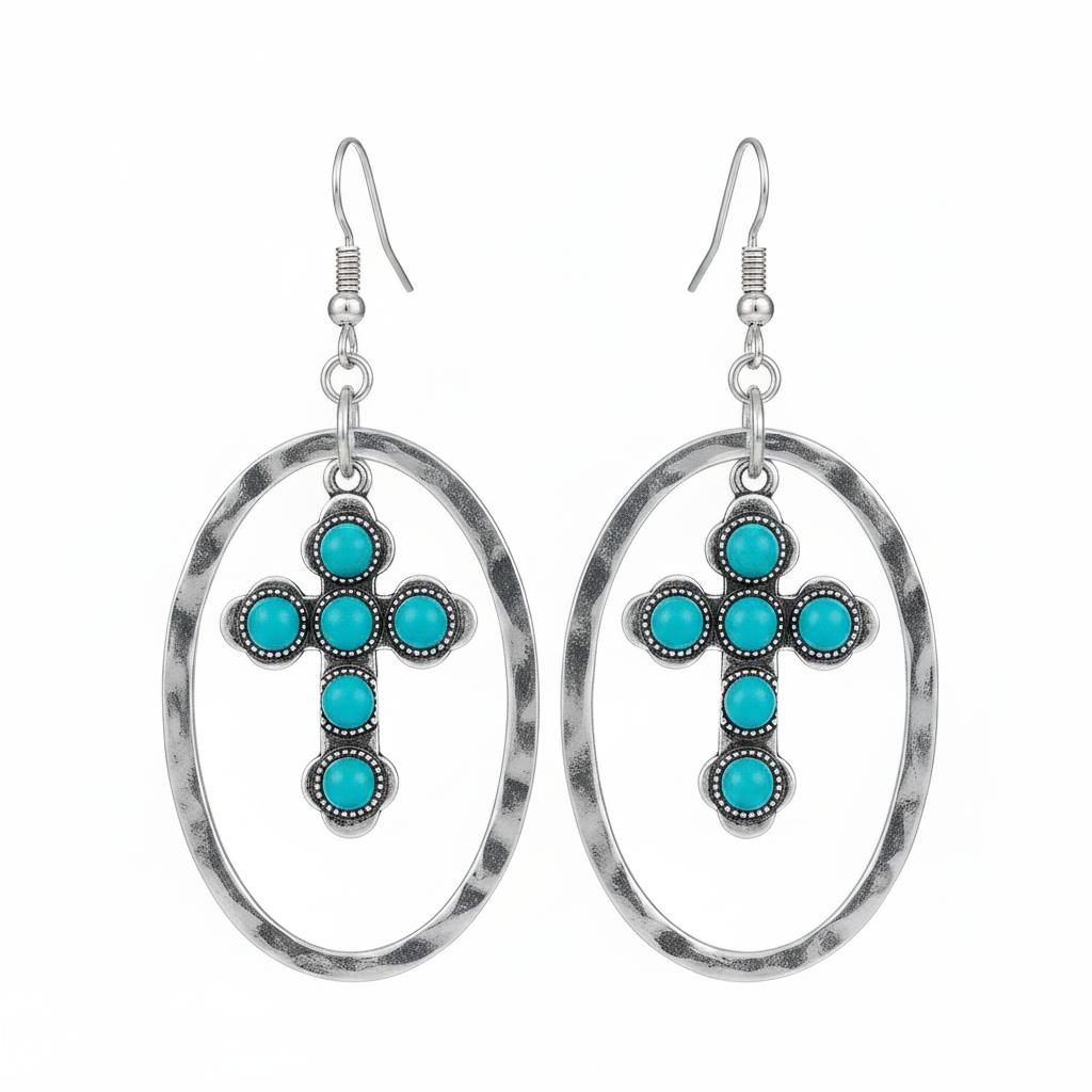 Turquoise and Silver-Plated Oval Cross Drop Earrings, silver drop earrings for women, everyday style, side view