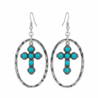 Turquoise and Silver-Plated Oval Cross Drop Earrings, silver drop earrings for women, everyday style, side view
