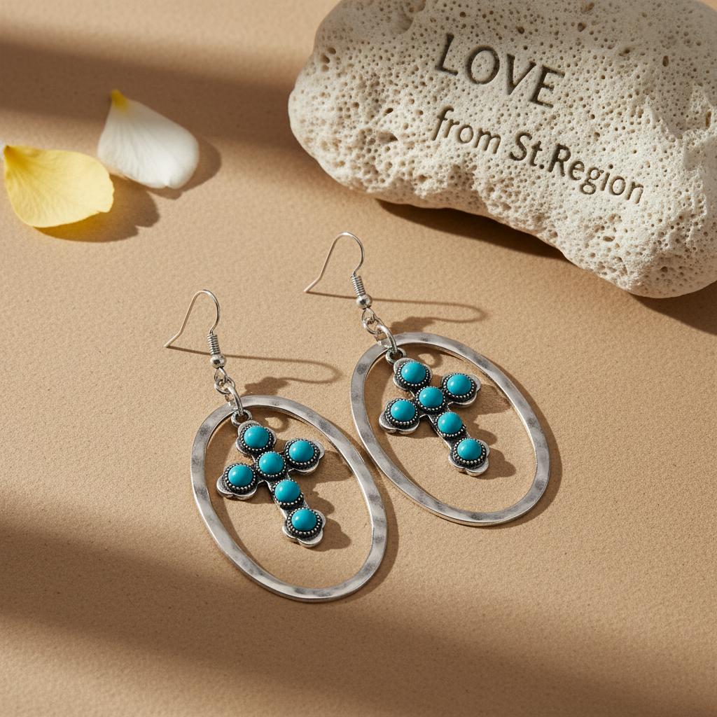 Turquoise and Silver-Plated Oval Cross Drop Earrings, silver drop earrings for women, everyday style, lifestyle look