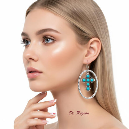 Turquoise and Silver-Plated Oval Cross Drop Earrings, silver drop earrings for women, everyday style, styled look