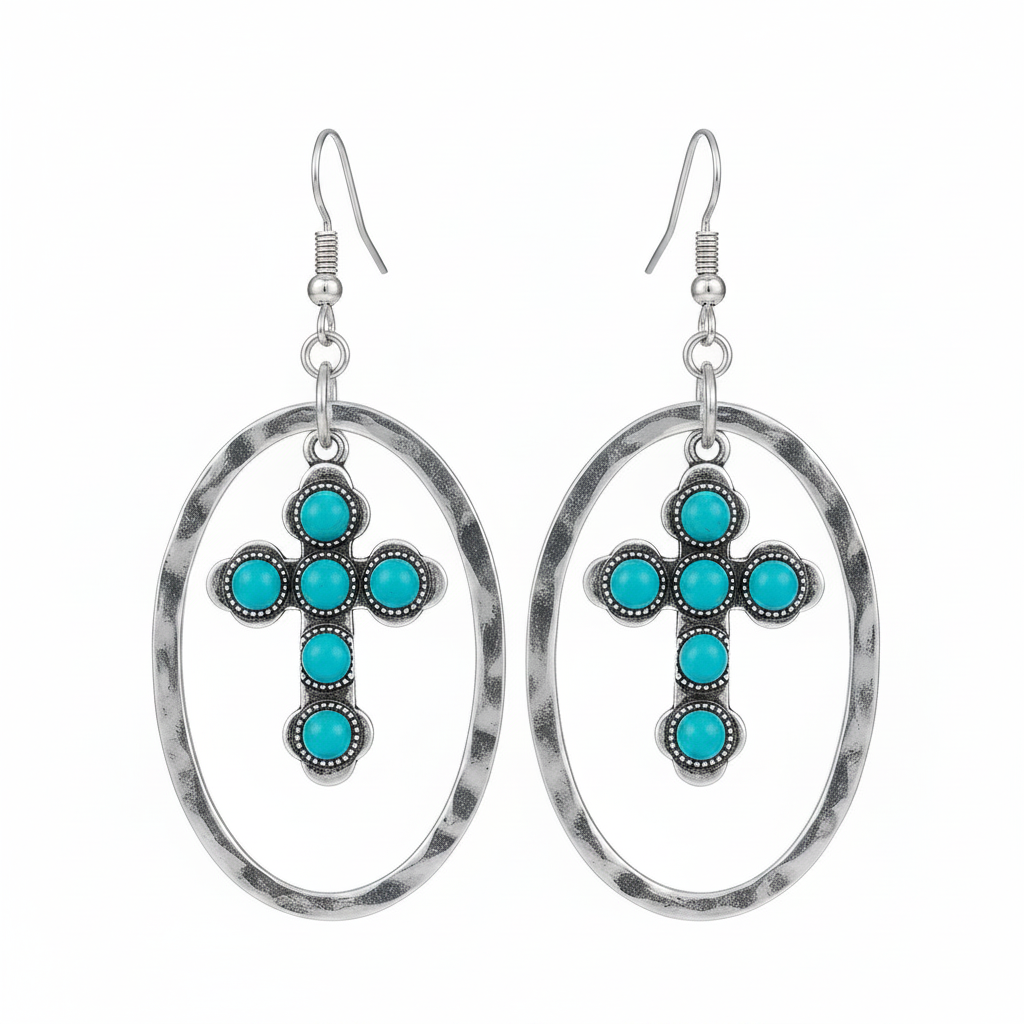 Turquoise & Silver-Plated Oval Cross Drop Earrings - Street Region